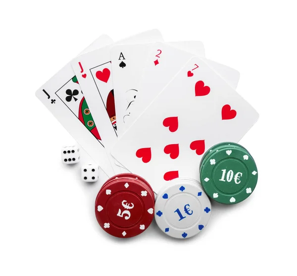 Żetony Karty Kości Gry Pokera Białym Tle — Zdjęcie stockowe