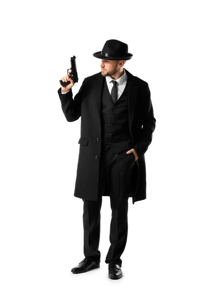 Detective Com Arma Fundo Branco — Fotografia de Stock