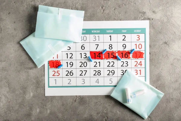 Menstrual Calendar Feminine Products Pills Grey Background — Stock Photo, Image