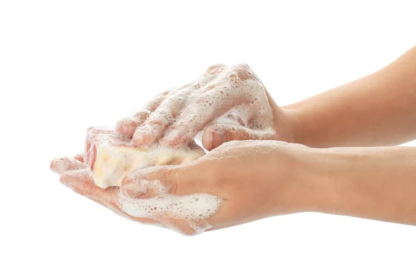 Female Hands Soap White Background — Stock Photo, Image