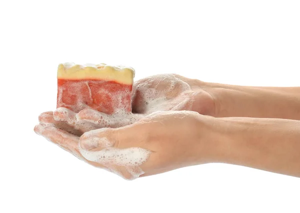 Female Hands Soap White Background — Stock Photo, Image