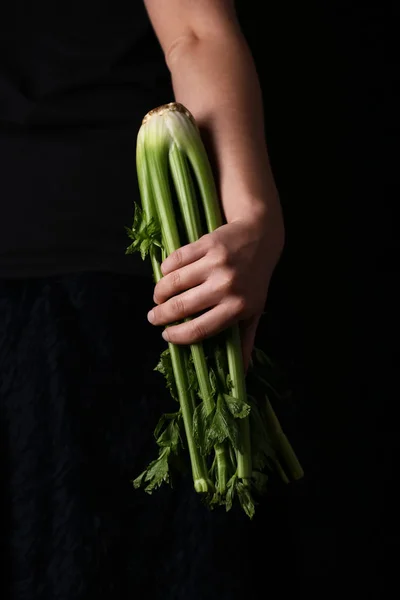 Woman Fresh Celery Dark Background — Stock Photo, Image