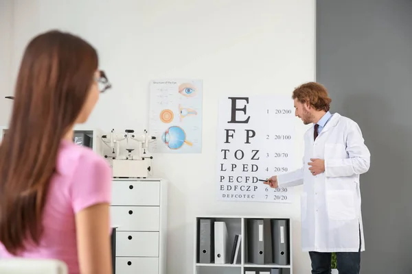 Augenarzt Untersucht Junge Frau Klinik — Stockfoto