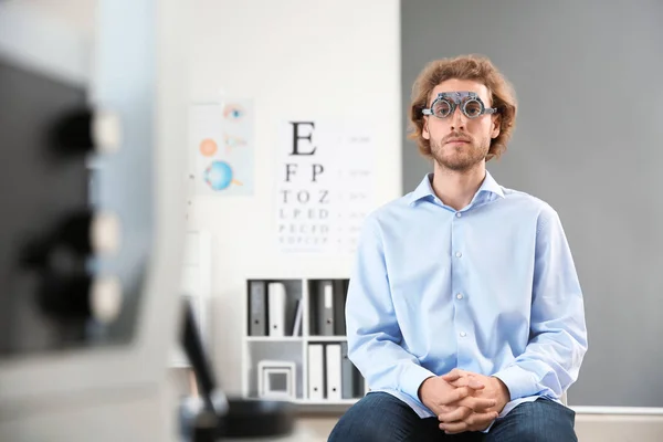 Young Man Trial Frames Ophthalmologist Clinic — Stock Photo, Image