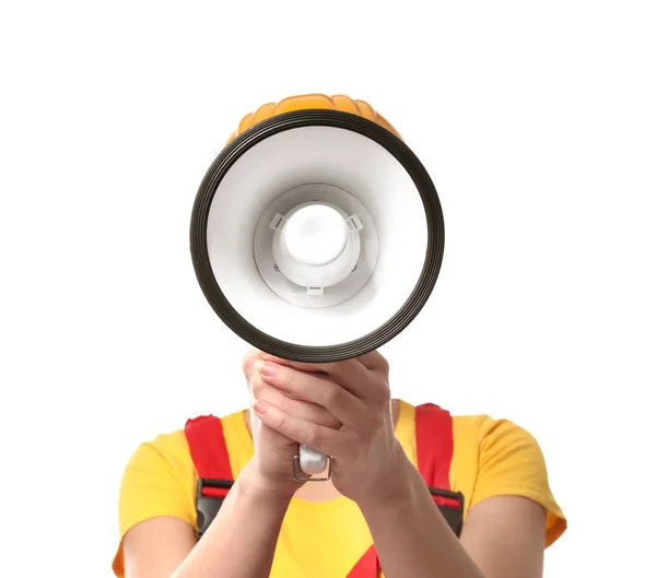 Female Engineer Megaphone White Background — Stock Photo, Image