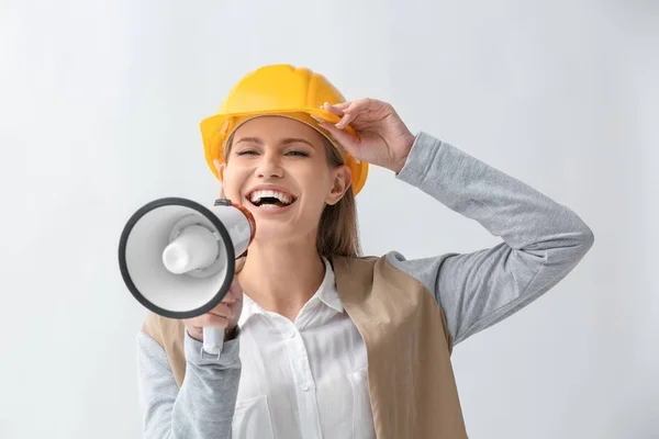 Female Engineer Megaphone White Background — Stock Photo, Image