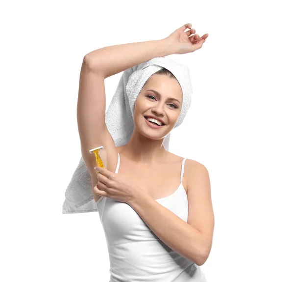 Beautiful Young Woman Shaving Armpits White Background — Stock Photo, Image