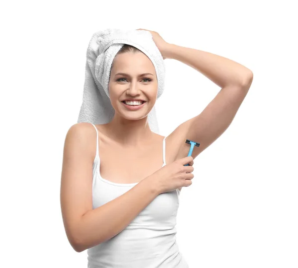 Beautiful Young Woman Shaving Armpits White Background — Stock Photo, Image