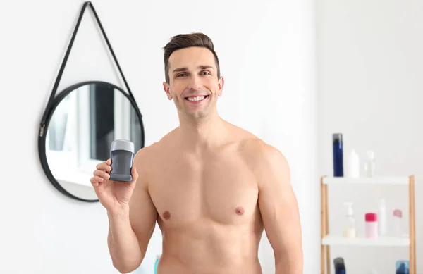 Handsome Young Man Deodorant Bathroom — Stock Photo, Image