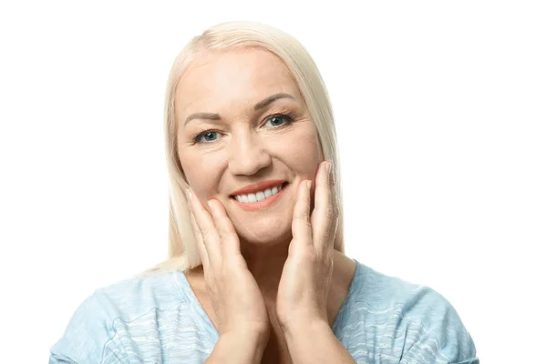 Retrato Bela Mulher Madura Fundo Branco — Fotografia de Stock