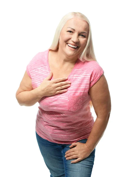 Porträtt Vacker Mogen Kvinna Vit Bakgrund — Stockfoto