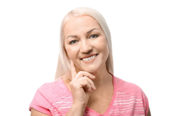 Retrato Bela Mulher Madura Fundo Branco — Fotografia de Stock