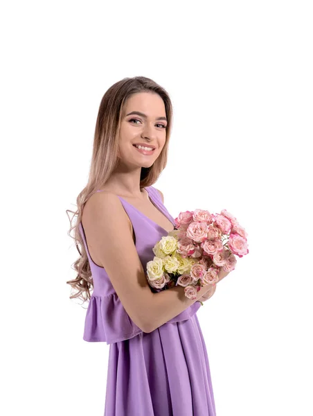 Belle Jeune Femme Avec Bouquet Fleurs Sur Fond Blanc — Photo