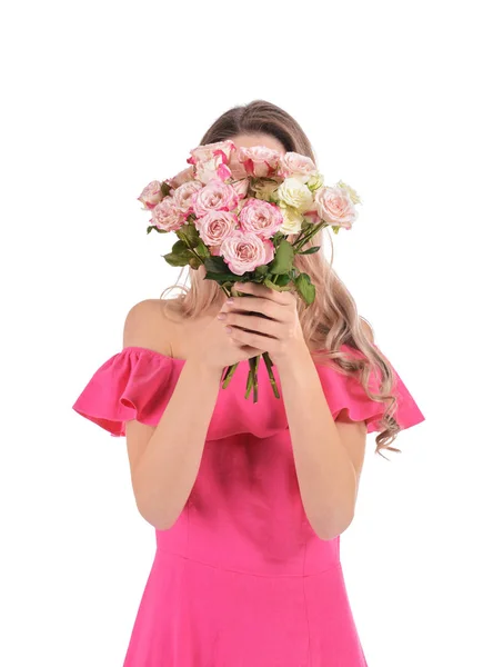 Vacker Ung Kvinna Med Bukett Blommor Vit Bakgrund — Stockfoto