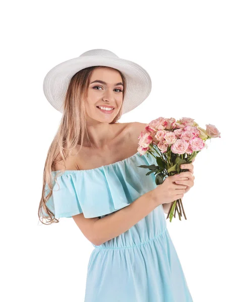 Beyaz Arka Planda Çiçek Demeti Olan Güzel Genç Bir Kadın — Stok fotoğraf