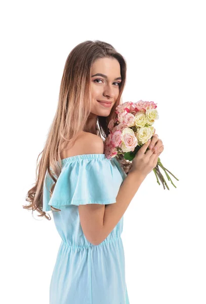 Belle Jeune Femme Avec Bouquet Fleurs Sur Fond Blanc — Photo