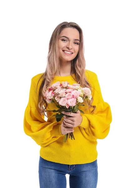 Hermosa Joven Con Ramo Flores Sobre Fondo Blanco — Foto de Stock