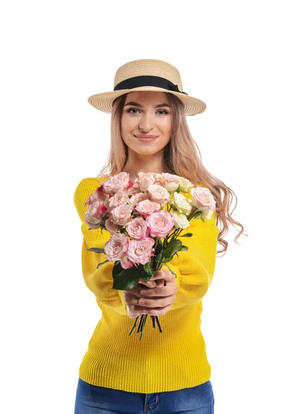 Piękna Młoda Kobieta Bukietem Kwiatów Białym Tle — Zdjęcie stockowe