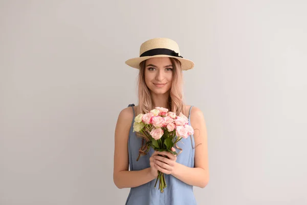 Beautiful Young Woman Bouquet Flowers Grey Background — Stock Photo, Image