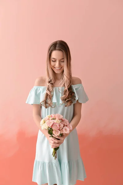 Beautiful Young Woman Bouquet Flowers Color Background — Stock Photo, Image