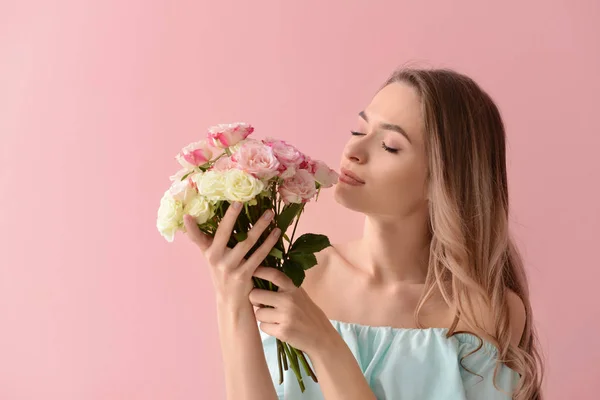 Beautiful Young Woman Bouquet Flowers Color Background — Stock Photo, Image