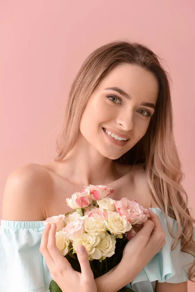 Beautiful Young Woman Bouquet Flowers Color Background — Stock Photo, Image
