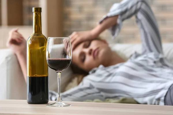 Glass Bottle Wine Table Drunk Woman — Stock Photo, Image