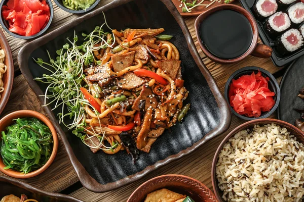 Assortment Chinese Food Wooden Table — Stock Photo, Image