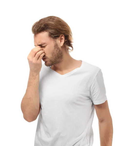 Young Man Suffering Headache White Background — Stock Photo, Image