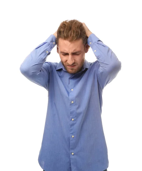 Young Man Suffering Headache White Background — Stock Photo, Image