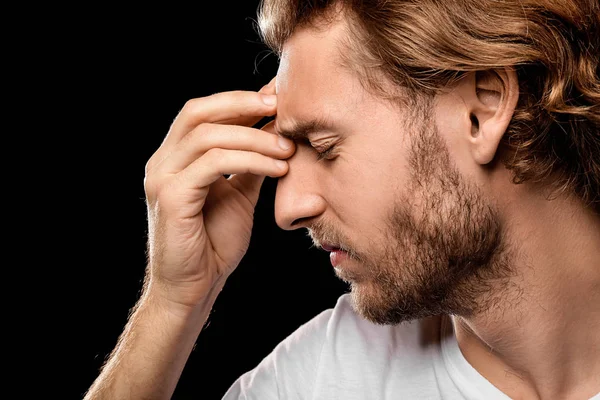 Jonge Man Die Lijden Aan Hoofdpijn Donkere Achtergrond — Stockfoto