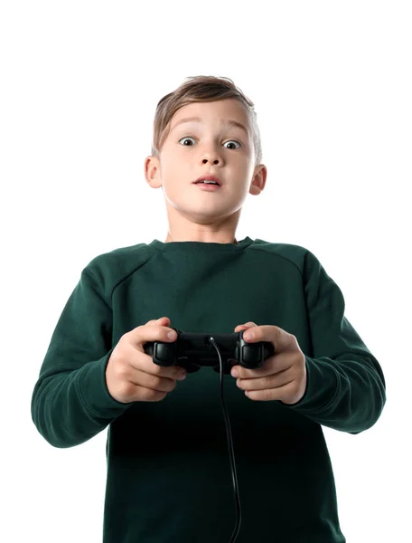 Emotionele Jongen Afspelen Van Video Game Witte Achtergrond — Stockfoto