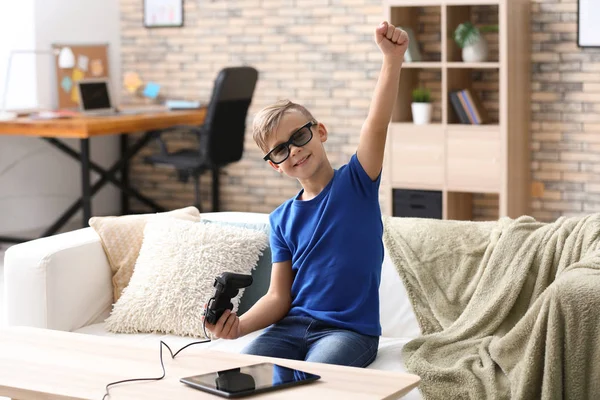 Cute Boy Playing Video Game Home — Stock Photo, Image