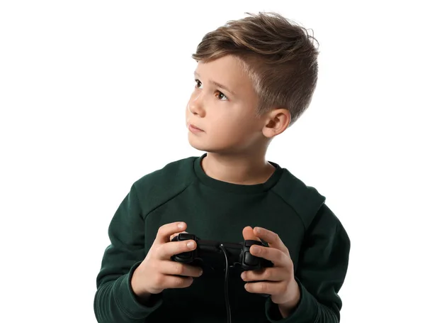 Симпатичный Мальчик Играет Видеоигры Белом Фоне — стоковое фото