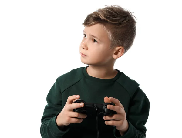 Carino Ragazzo Giocare Video Gioco Bianco Sfondo — Foto Stock