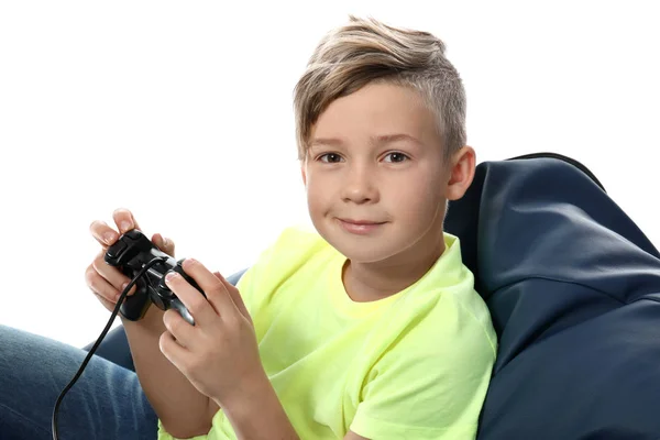 Söt Pojke Spela Videospel Vit Bakgrund — Stockfoto