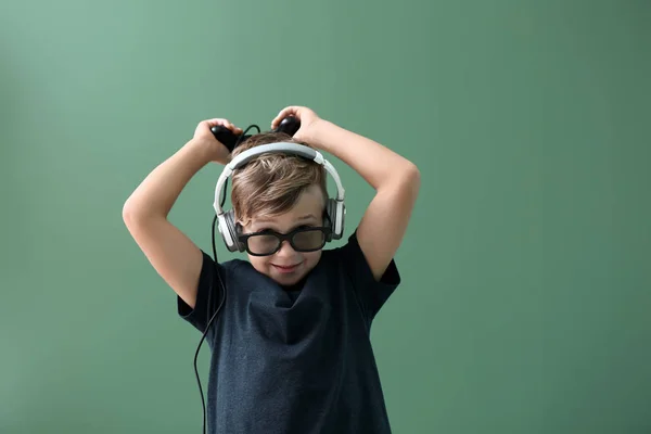 Emotional Boy Playing Video Game Color Background — Stock Photo, Image