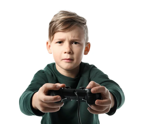 Emotionele Jongen Afspelen Van Video Game Witte Achtergrond — Stockfoto