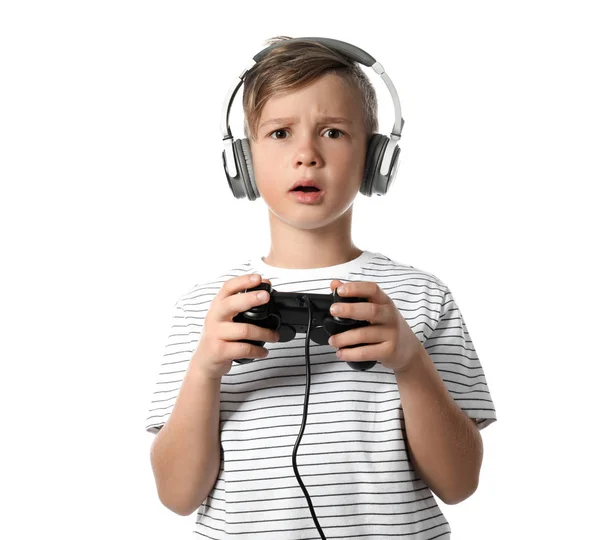 Menino Emocional Jogando Videogame Fundo Branco — Fotografia de Stock