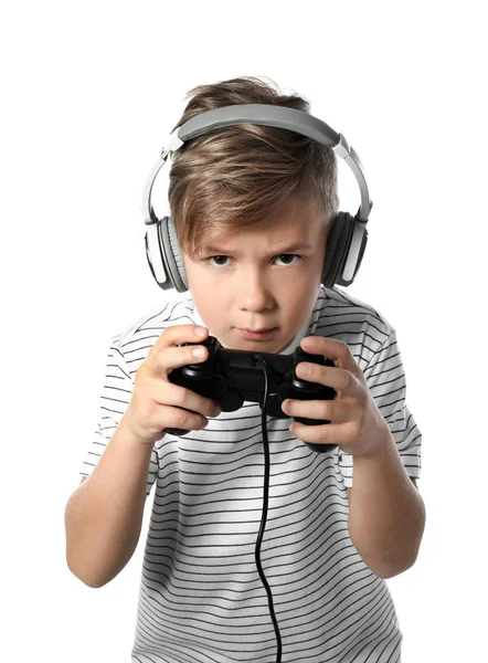 Συναισθηματική Αγόρι Παίζει Βίντεο Παιχνίδι Λευκό Φόντο — Φωτογραφία Αρχείου