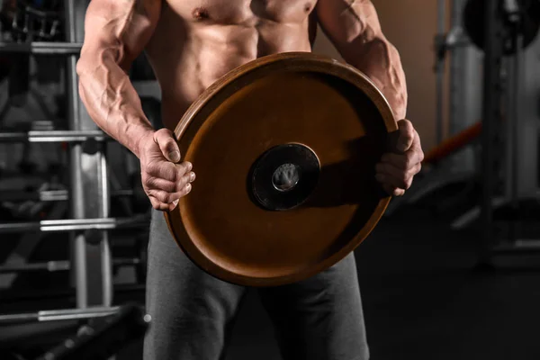 Muscular man training with weight plate in gym
