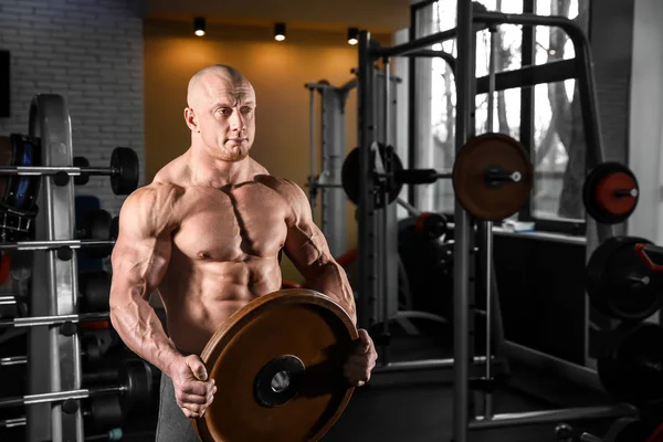 Muscular man training with weight plate in gym