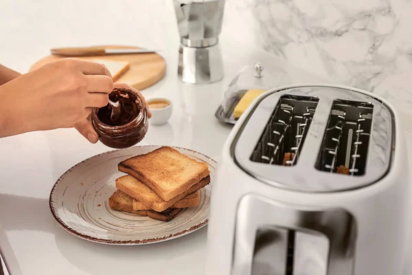 Woman Preparing Toasts Breakfast Kitchen — Stock Photo, Image