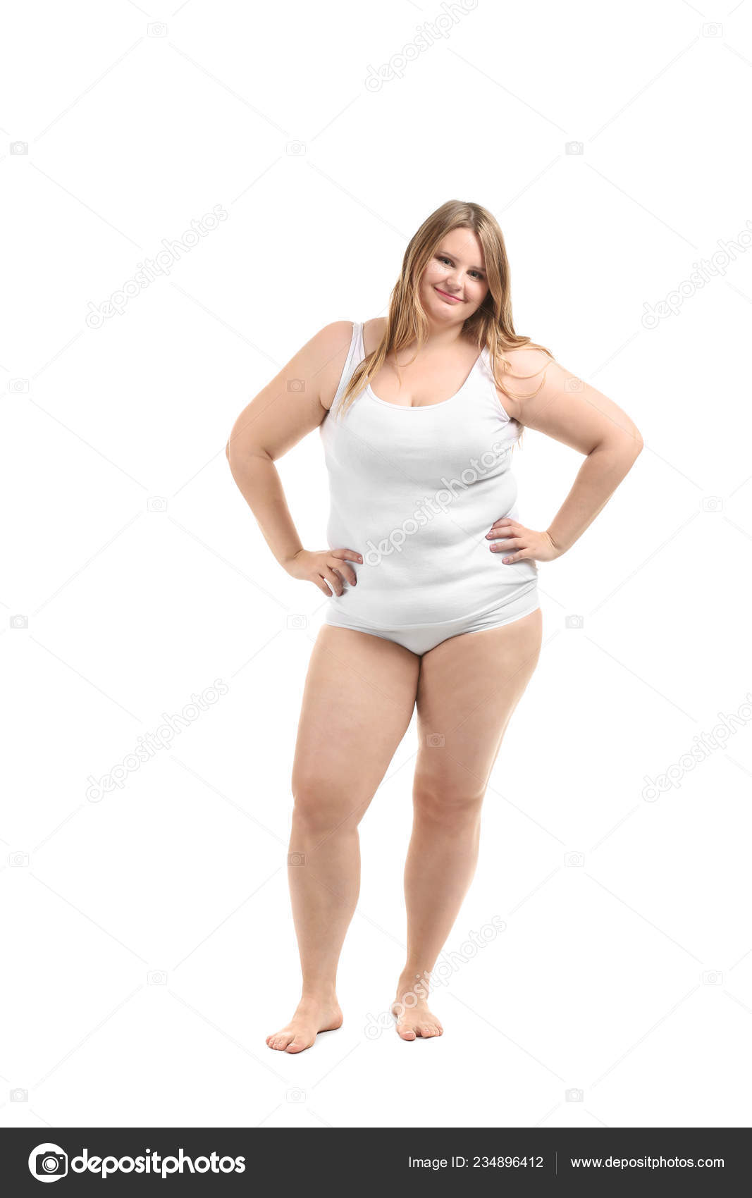 Beautiful Size Girl Underwear White Background Body Positivity Stock Photo by ©serezniy