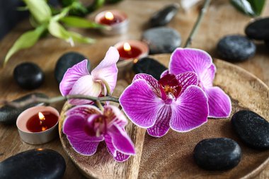 Taşlar, mumlar ve masaya, closeup çiçek güzel spa kompozisyonu