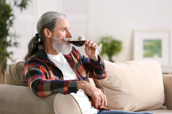 Senior Man Drinking Wine Home — Stock Photo, Image