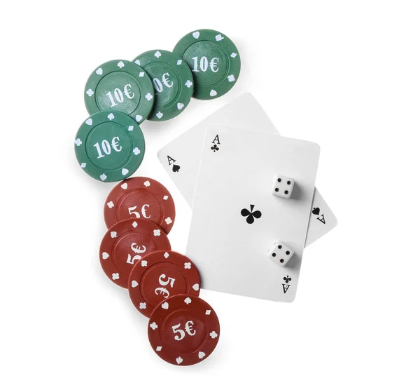 Chips Cards Dices Poker Game White Background — Stock Photo, Image