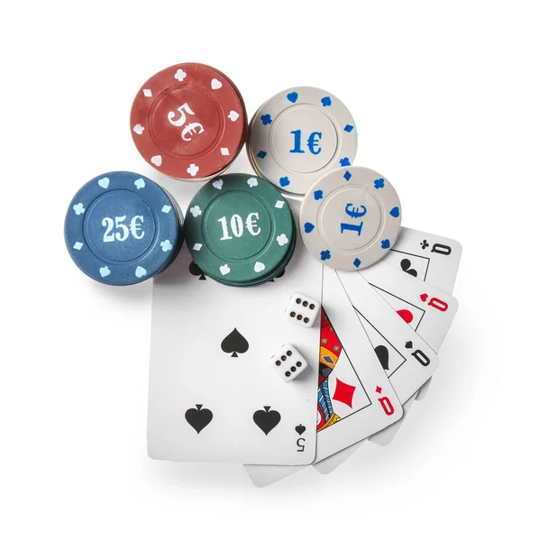 Chips Cards Dices Poker Game White Background — Stock Photo, Image