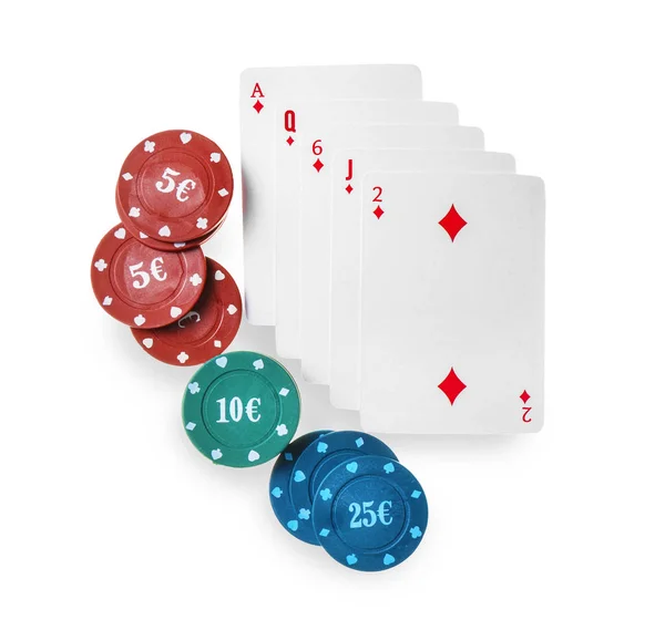 Żetony Kart Gry Pokera Białym Tle — Zdjęcie stockowe