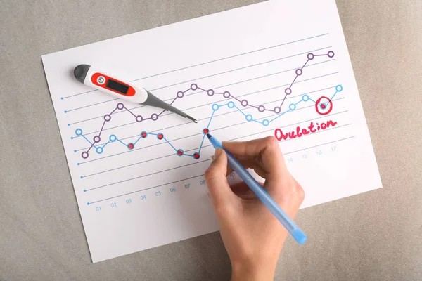 Mulher Com Calendário Ovulação Mesa — Fotografia de Stock